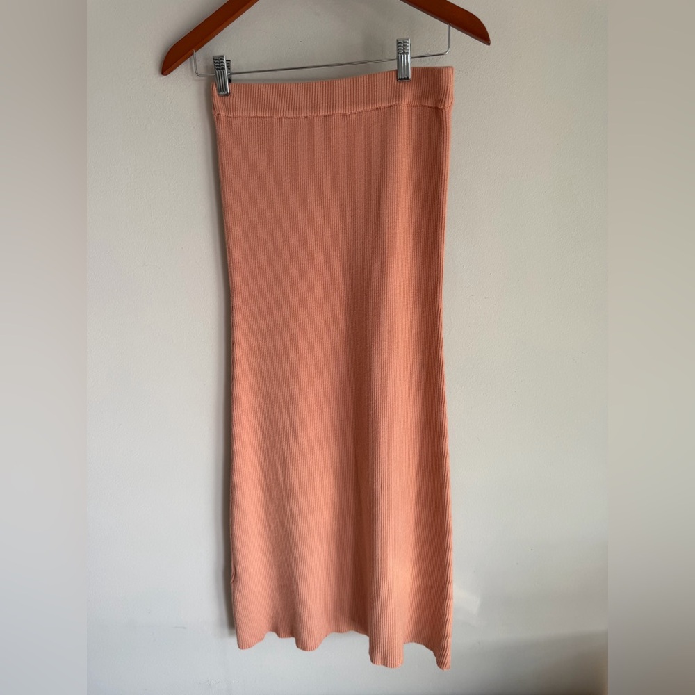 Zara Knit Midi Skirt Peach Coral Ribbed Bodycon High Waisted Small
